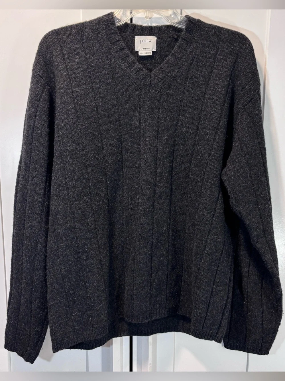 Vintage J.Crew 100% Lambswool Mens M V-Neck Sweater Charcoal Gray Hong Kong 90s